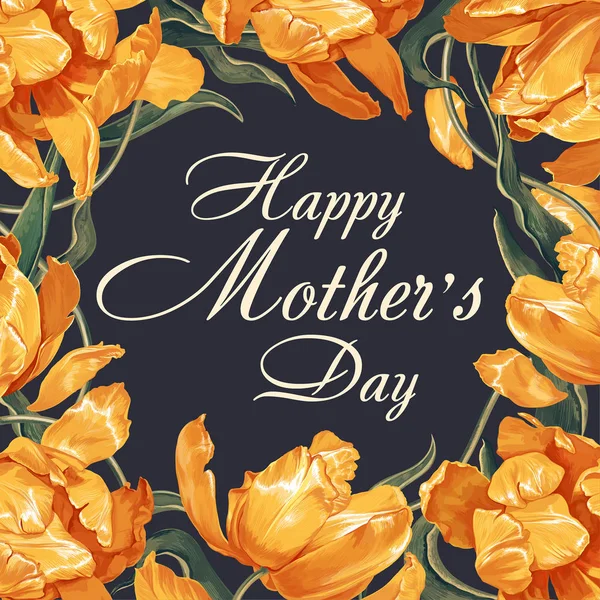 "Modèle de bannière de la fête des mères avec des fleurs et des feuilles de tulipes jaunes . — Image vectorielle