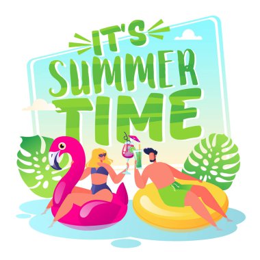 havuz veya deniz yüzme için çevrelerde dinlenme p adam karakter.