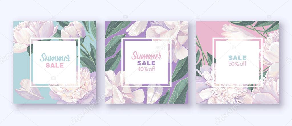 Spring sale banner with white peonies.