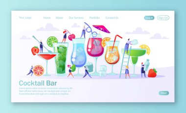 Düz insan karakterleri, barmen, barmen araçları kullanarak parlak ve lezzetli kokteyller yapma ile açılış sayfası Kavramı