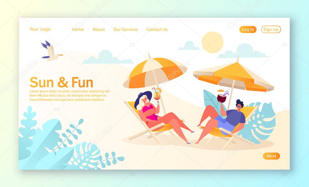 Concept of landing page on summer vacation theme. Outdoor activity and rest on the beach. 