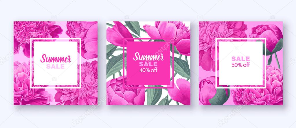 Spring sale banner with pink peonies. Can be used as greeting, invitation card, template design, cover, party advertisement.