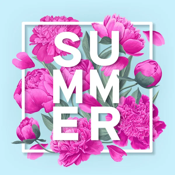 Sommer-Design mit floralem Hintergrund. blühende rosa Pfingstrosen Blüten, Blütenblätter und Blätter. — Stockvektor