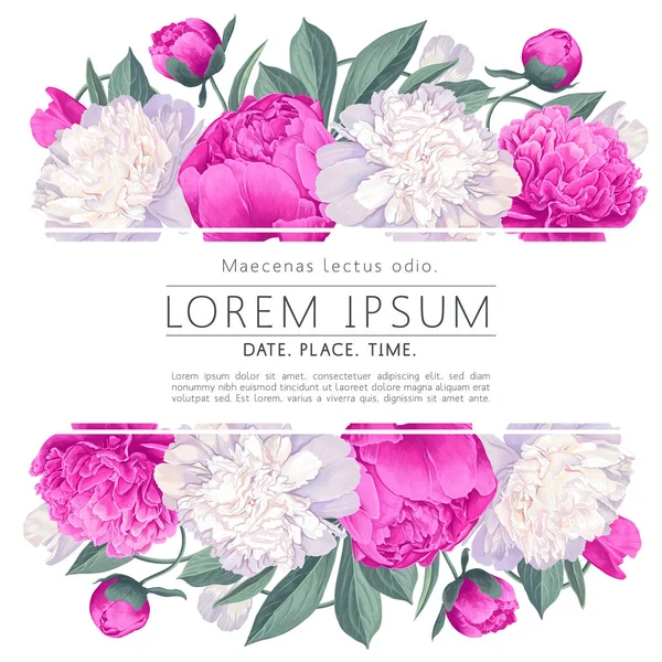 Vektor illustration av en vacker blommig ram med rosa pioner blommor, kronblad och löv för bröllop, årsdag, födelsedag, fest. — Stock vektor