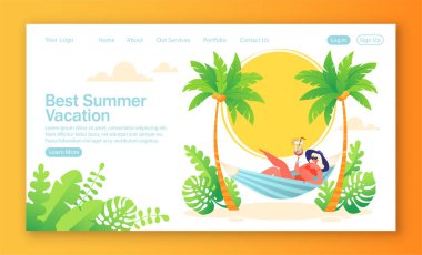 Yaz tatilinde açılış sayfası kavramı, tatil teması. Mobil web sitesi geliştirme ve web sayfası tasarımı için vektör illüstrasyon. Elinde kokteylle hamakta dinlenen kadın karakter.