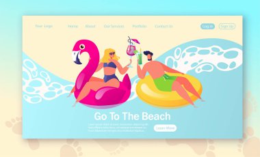 Yaz tatilinde açılış sayfası kavramı, tatil teması. sahilde yüzmek için daireler halinde dinlenmiş p karakterleri. Kokteyllerini içip rahatlayın. Mobil web sitesi geliştirme için vektör illüstrasyon.