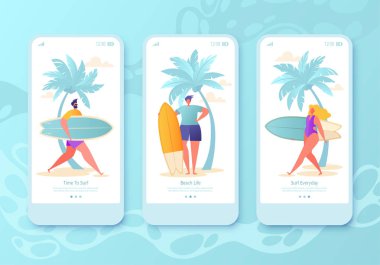 Mobil uygulama sayfası, ekran seti. Kavramı düz mutlu sörfçü ile web sitesi için. Onlar bir dalga yakalamak ve sörf keyfini gidiyoruz. Web sitesi veya web sayfası için sörf konsepti. Renkli vektör illüstrasyon.