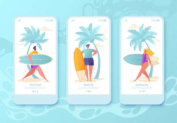 移动应用页面 屏幕设置 与平快乐冲浪者的网站的概念 他们要赶上海浪 享受冲浪 网站或网页的冲浪概念 五颜六色的矢量插图 — 图库矢量图片