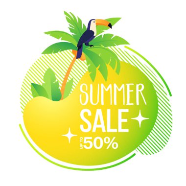 Yaz satış afiş şablonu. Yaz soyut, sıvı, palmiye ve komik toucan ile arka plan. 