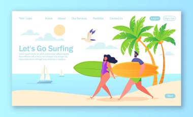 Düz mutlu sörfçü ile mobil web sitesi veya web sayfası için Sağlıklı yaşam tarzı kavramı. 