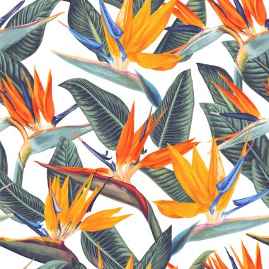 ,Bright seamless pattern with tropical flowers and leaves of Strelitzia Reginae. clipart