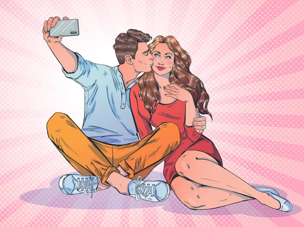 Un par de amantes se toman una selfie en la cámara de su teléfono . — Vector de stock