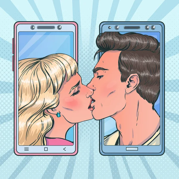 Ρομαντική απεικόνιση διανυσματικών εικόνων σε στυλ Pop Art στο θέμα της ιστορίας της αγάπης, online dating, σχέση σε απόσταση, εφαρμογές γνωριμιών. — Διανυσματικό Αρχείο