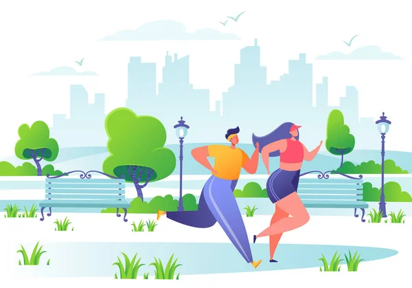 Männer und Frauen laufen im Park umher. glückliche aktive Menschen beim Training draußen. — Stockvektor