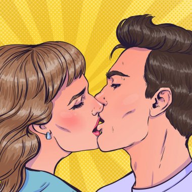 Aşk hikayesi Tema pop sanat tarzında romantik vektör illüstrasyon. 