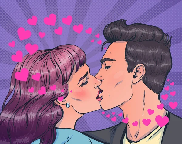 Ilustración vectorial romántica en estilo pop art sobre el tema de la historia de amor. Pareja enamorada y besándose . — Vector de stock