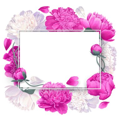 Satılık afiş şablonu, posterler, partiler için davetiyeler, etkinlikler, parlak pembe ve beyaz şakayık çiçekleri ile reklam veya metin için alan 