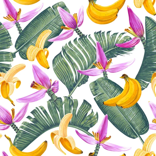 Modello senza cuciture con foglie di banana, frutta e fiori in stile realistico con dettagli alti . — Vettoriale Stock