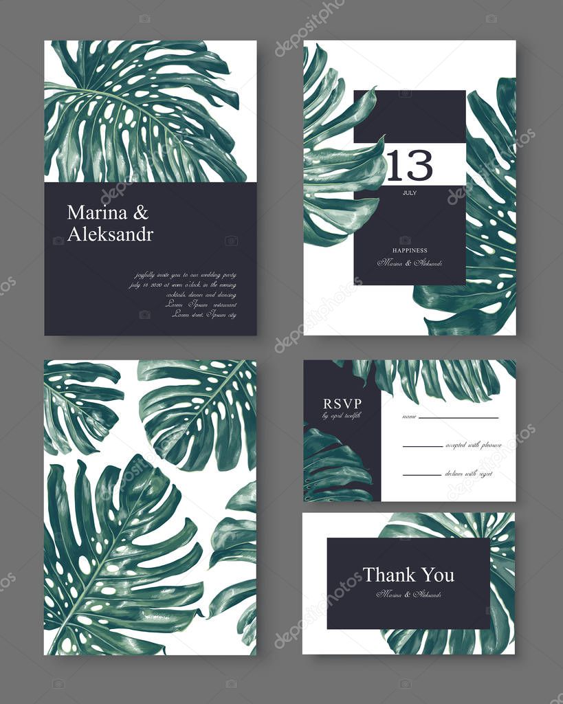 Botanical wedding invitation card. Template design with monstera leaves.