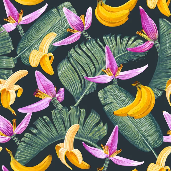 Bezešvé vzory s listy banánů, plody a květy v realistických stylech s vysokými detaily. — Stockový vektor