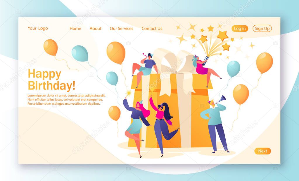 Concept of landing page with birthday celebrations theme. Birthday party celebration with friends.