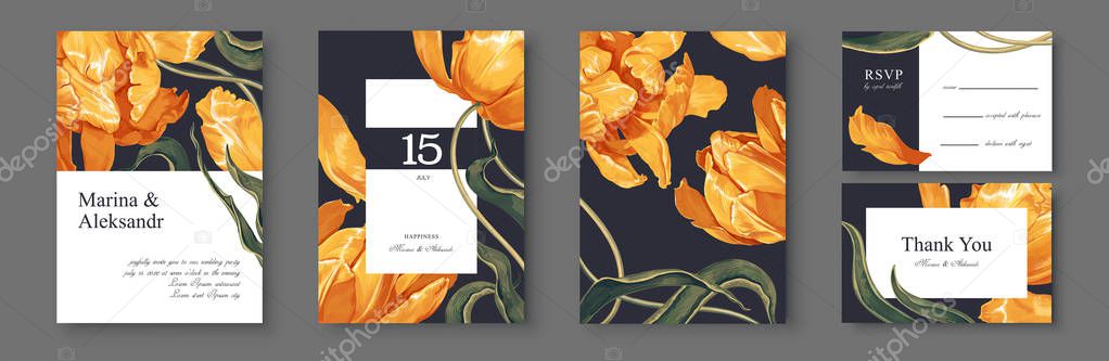 Botanical wedding invitation card. Template design with yellow tulips flowers and leaves. 