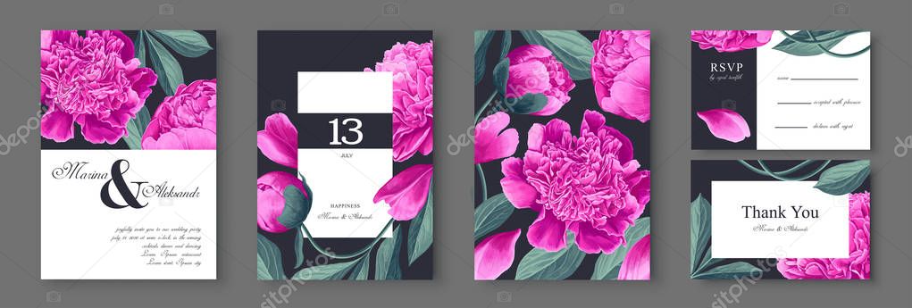 Botanical wedding invitation card. Template design with pink peonies  flowers and leaves.