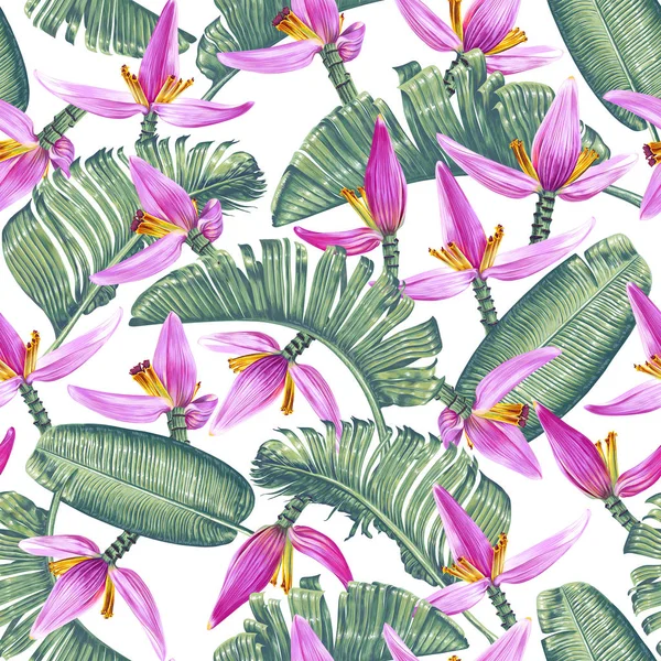 Pattern_Banana_Leaves_Flowers — Stockový vektor