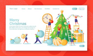 Kış tatili ne hazırlık temasında açılış sayfası kavramı. Büyük, güzel, yeşil Noel ağacı süslemeleri düz insanlar karakterleri ile Mutlu Noel ve Yeni Yıl web sitesi düzeni.