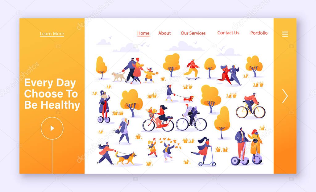 Healthy lifestyle concept for landing page, website, web page. Active people in the park. Autumn outdoor. Young family, man and woman characters  running, riding bicycle, hoverboard, skateboarding. 