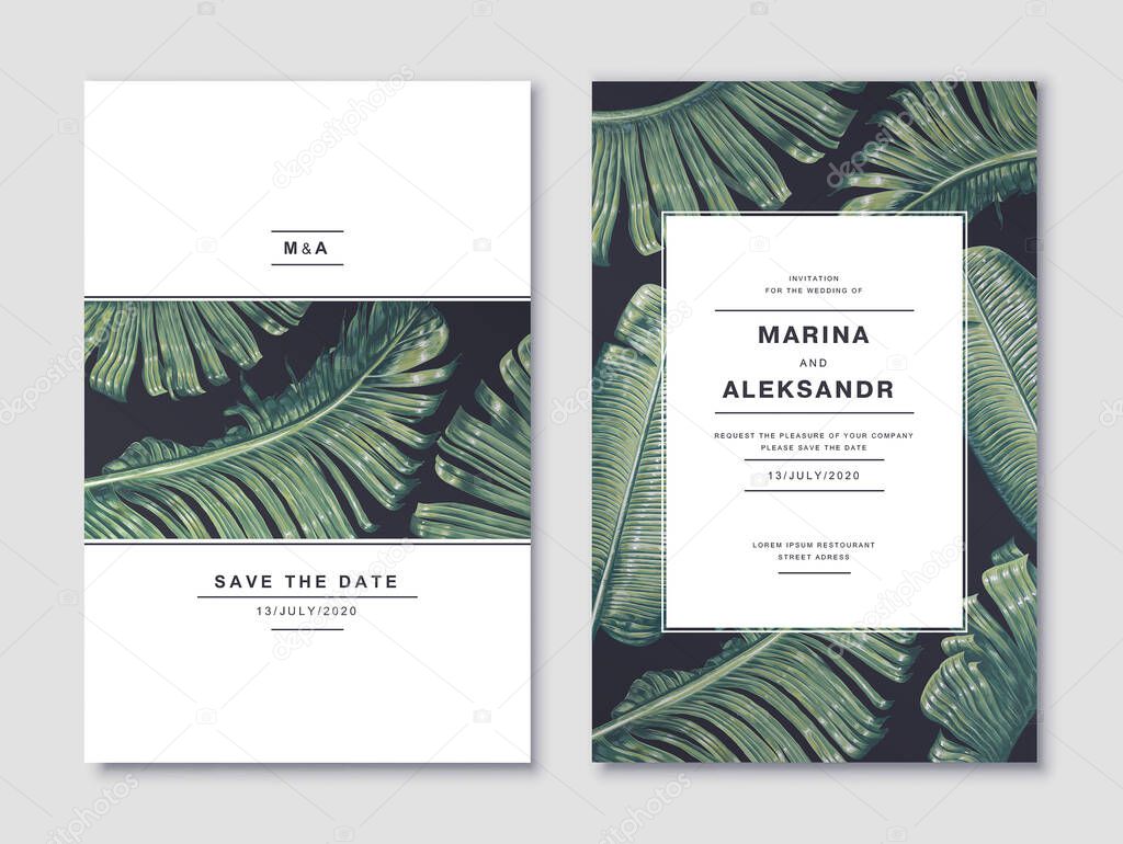Stylish minimalistic design template for a wedding card with tropical foliage of banana palm. It can be used as a discount banner in social networks or offline stores. realistic vector tropical leaves