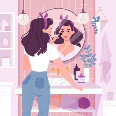 Aynanın önünde duran genç bir kadın banyoda makyaj yapıyor. Düz çizgi film vektör çizimi. Kızlar günlük sabah rutini. Modern banyo içi bitkilerle dolu, raflar bakım ürünleriyle dolu.
