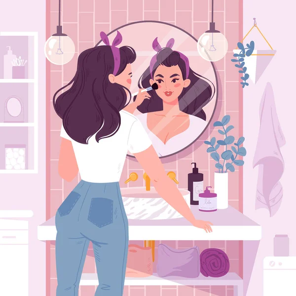 Young Woman Standing Front Mirror Applies Makeup Bathroom Flat Cartoon — Stock Vector