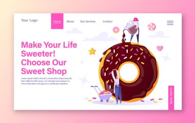 İniş sayfası şablonu için şeker üretimi, hamur işleri ve şekerleme konsepti. Çizgi film stili küçük adamlar büyük çörek yapar. Kadın krema koyuyor, erkek donut süslüyor. Şirin vektör illüstrasyonu.