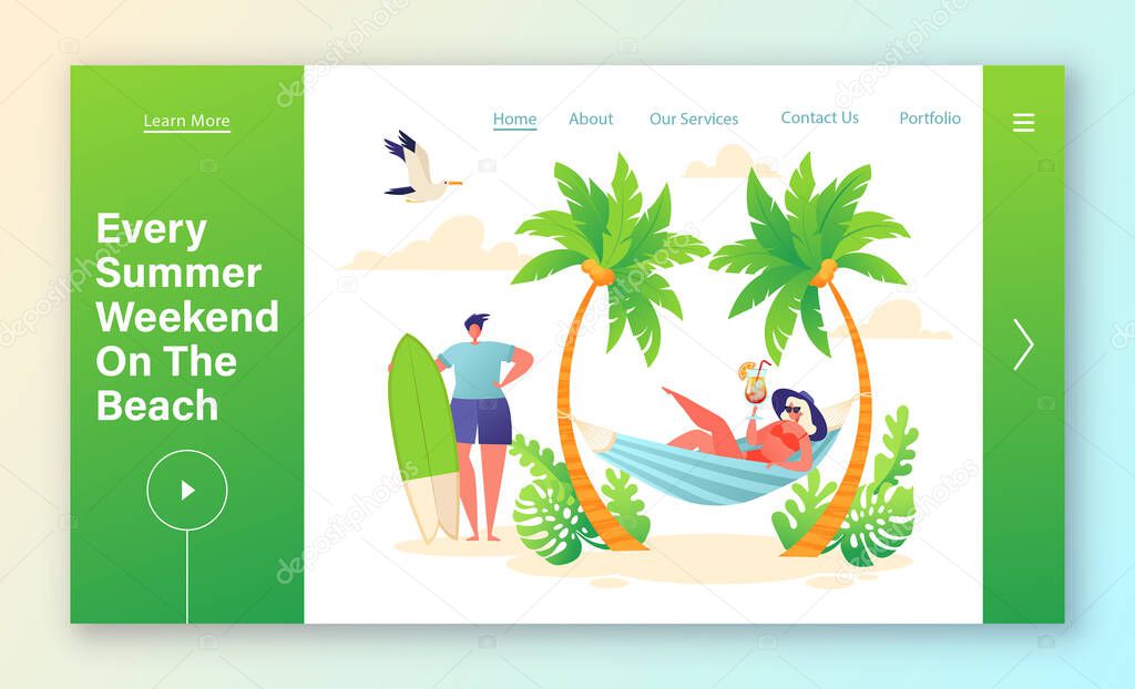 Concept of summer season and relaxing on beach for landing page template. Girl lies in hammock and drinks fruit cocktail. Guy is going to go surf. Summer landscape. Flat cartoon  vector illustration.