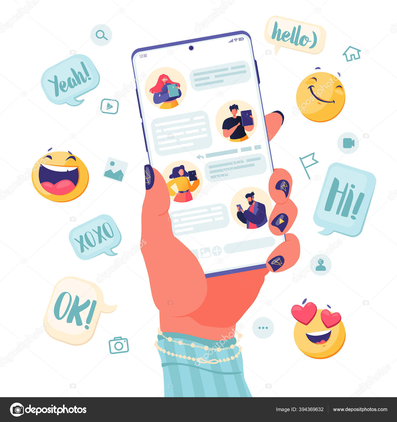 People Make Online Chat With His Friends Or Colleague Via Smartphone In  Flat Design On White Background Social Media Network Digital Communication  Chat Message Video Call Concept Stock Illustration - Download Image