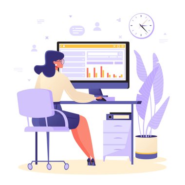 Bir ofis çalışanının günlük hayatı. Masada oturan ve bilgisayarda çalışan bir kadın. Ekranda, şirketin büyümesinin görevleri ve grafikleri var. Modern ofis içi. Vektör illüstrasyon düz çizgi film biçimi.