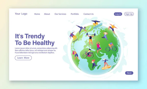 Gezond Levensstijl Concept Voor Landing Page Template Kleine Mensen Karakters — Stockvector