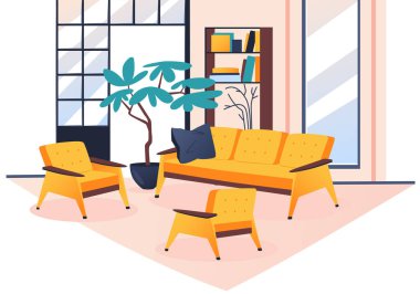 Modern home interior design. Fashionable home decor, sofa, chair, armchairs, carpet and houseplant in a large pot. Apartment items, decor, bookcases, shelves living room, cozy design