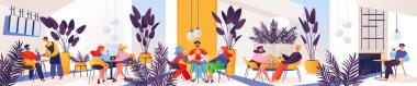 Horizontal long panoramic composition with people in a cafe or food court in a shopping center. Vector illustration with characters in a modern interior having lunch and tasting various food