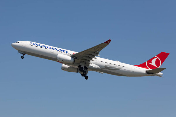 Vienna, Austria - 19.4.2019 Airbus A330 Turkish Airlines taking off from Vienna Schwechat Airport in 19.4.2019 in Vienna, Austria 