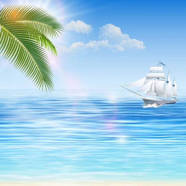 Θαλασσογραφία Παραλία Για Τις Καλοκαιρινές Διακοπές Και Πλοίο — Διανυσματικό Αρχείο