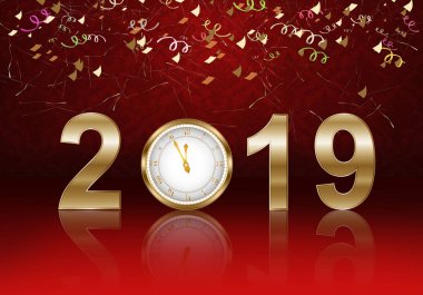 Mutlu yeni yıl arka plan ile 2019, saat ve havai fişek.