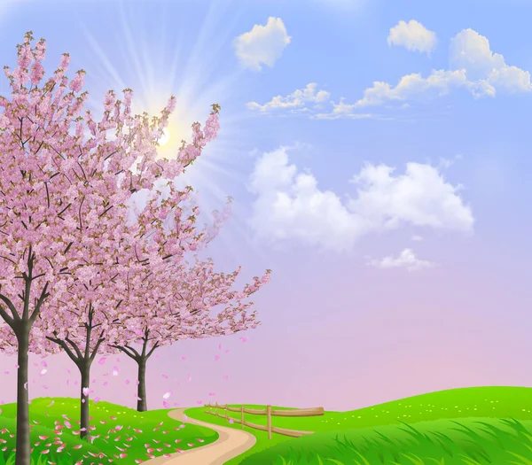 Landskape Primavera Com Japanes Sakura — Vetor de Stock