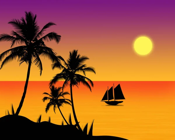 Beach Sunset Palm Silhouettes Boat — Stock Photo, Image