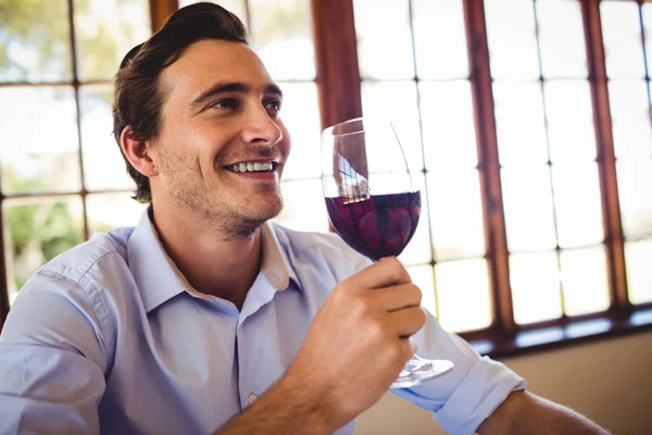 Happy Man Having Red Wine Restaurant — Stock Photo, Image