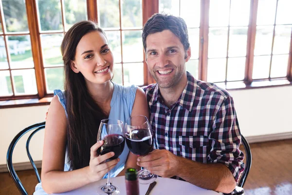 Portrait Couple Toasting Red Wine Glass Restaurant — Stock Photo, Image
