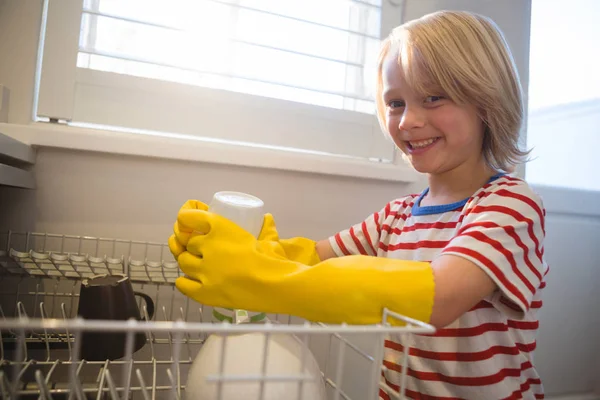 Boy Arranging Utensils Kitchen Trolley Home — Stock Photo, Image