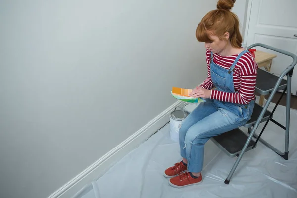 Pintora Femenina Sosteniendo Paletas Color Casa — Foto de Stock