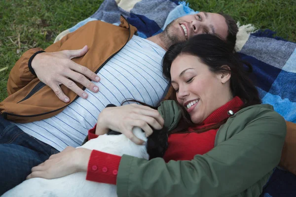 Casal Brincando Com Seu Cão Parque — Fotografia de Stock